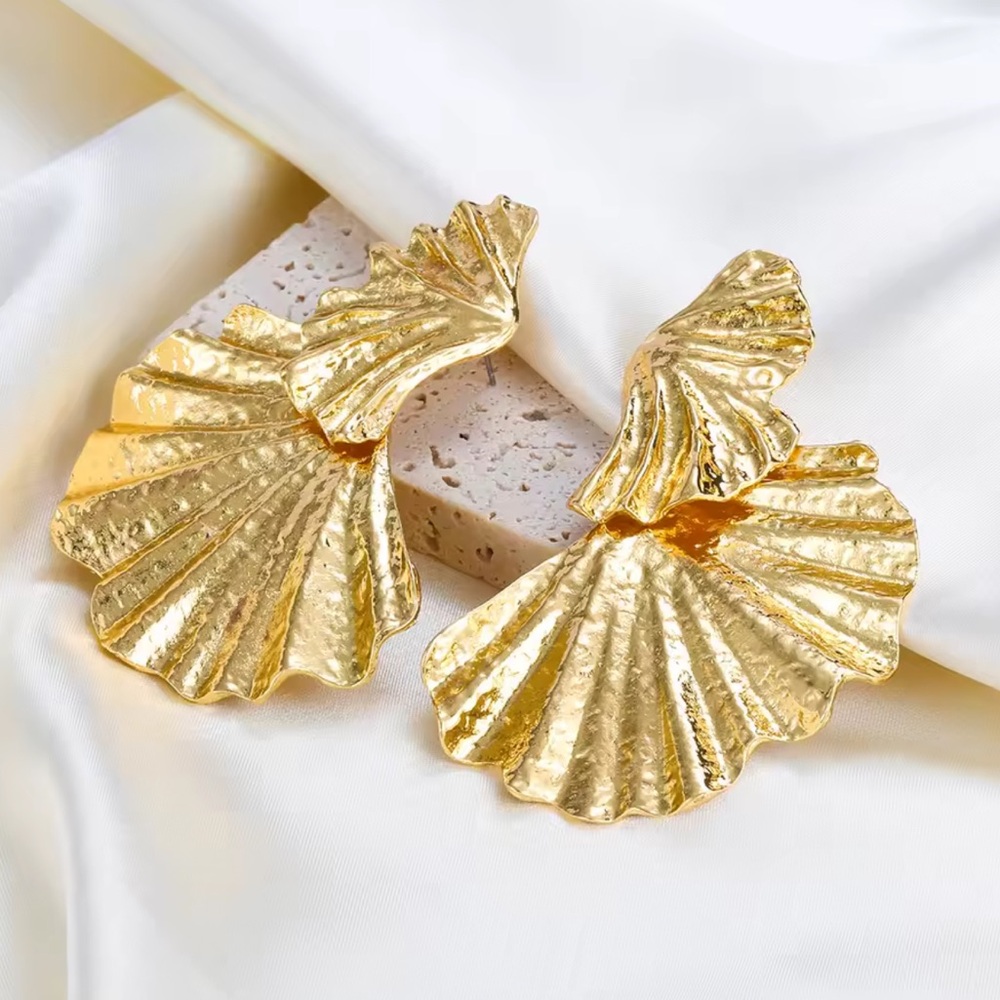 Gold Ginkgo Leaf Earrings Large Statement Punk Jewelry - Picture 3 of 3